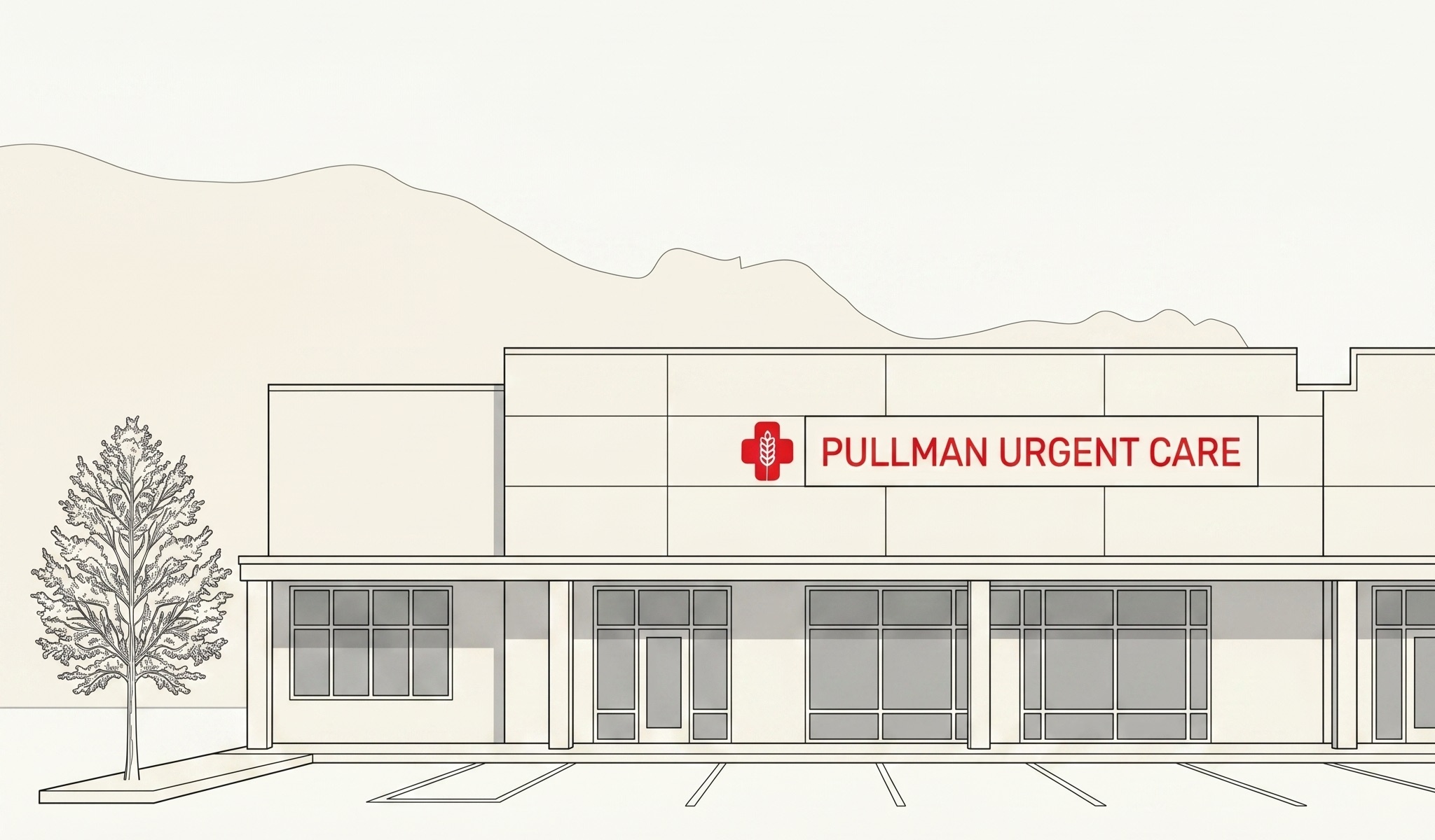 Illustration of the Pullman Urgent Care storefront on Stadium Way, with the Palouse hills in the distance.